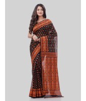 DESH BIDESH Women`s Hirokduti Resham Dhakai jamdani Bengal Pure Cotton Handloom Saree without Blouse Piece(Black Orange)